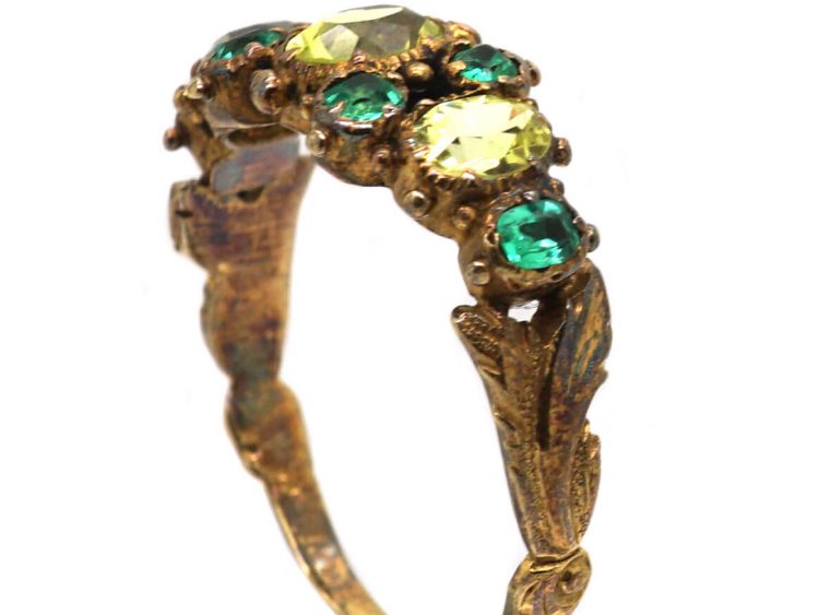 Georgian 15ct Gold, Chrysoberyl & Emerald Ring with Leaf Motif Shoulders