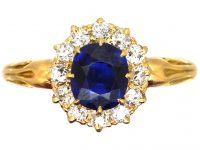 Edwardian 18ct Gold, Sapphire & Diamond Cluster Ring with Ornate Shoulders