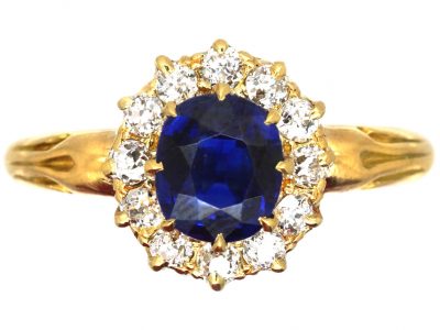 Edwardian 18ct Gold, Sapphire & Diamond Cluster Ring with Ornate Shoulders