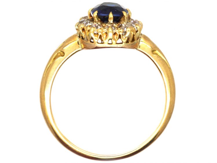Edwardian 18ct Gold, Sapphire & Diamond Cluster Ring with Ornate Shoulders