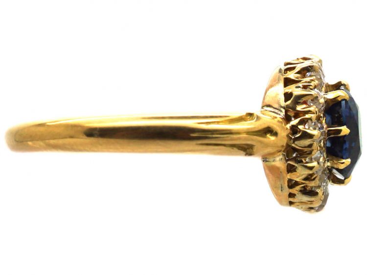 Edwardian 18ct Gold, Sapphire & Diamond Cluster Ring with Ornate Shoulders