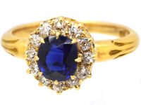 Edwardian 18ct Gold, Sapphire & Diamond Cluster Ring with Ornate Shoulders