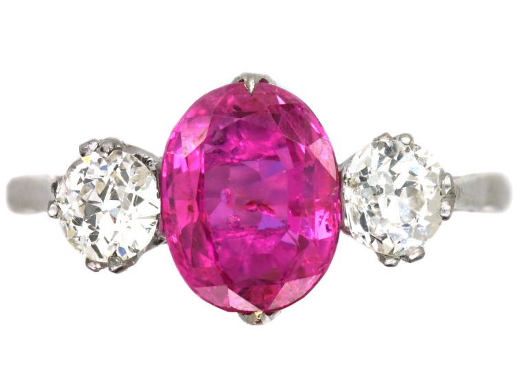 Edwardian Platinum, Pink Sapphire & Diamond Three Stone Ring