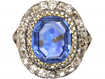 Georgian 18ct Gold & Silver, Large Sapphire & Diamond Cluster Ring