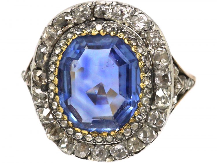 Georgian 18ct Gold & Silver, Large Sapphire & Diamond Cluster Ring
