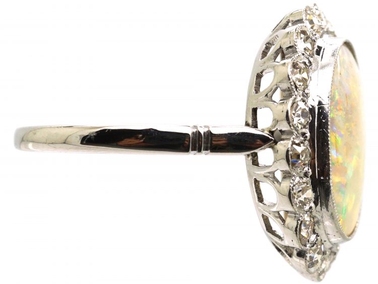 French mid 20th Century 18ct White Gold, Opal & Diamond Cluster Ring