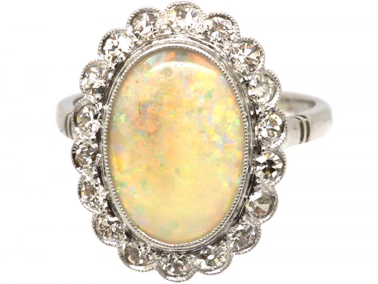 French mid 20th Century 18ct White Gold, Opal & Diamond Cluster Ring