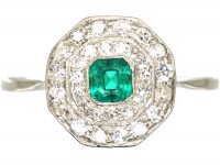 Early 20th Century Platinum, Emerald & Diamond Octagonal Cluster Ring