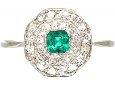 Early 20th Century Platinum, Emerald & Diamond Octagonal Cluster Ring
