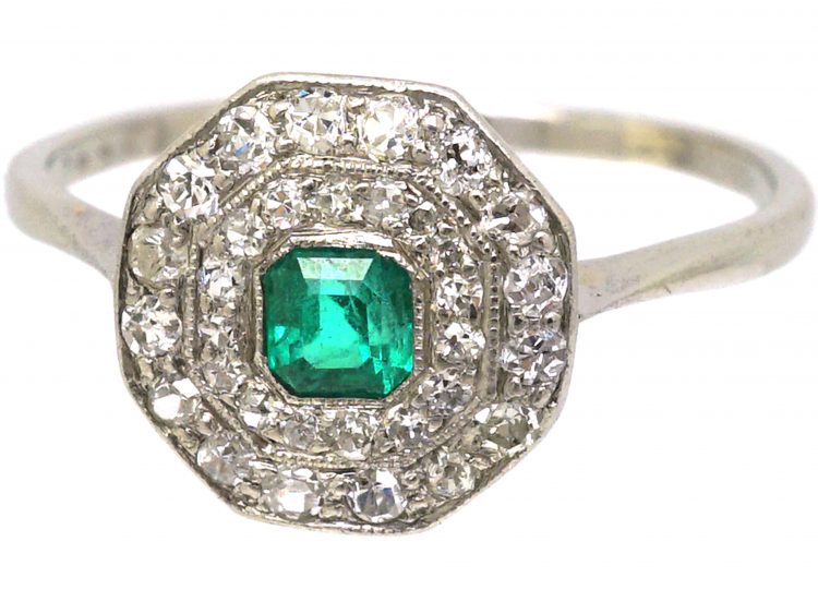 Early 20th Century Platinum, Emerald & Diamond Octagonal Cluster Ring