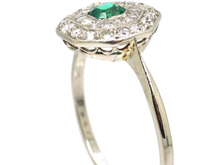 Early 20th Century Platinum, Emerald & Diamond Octagonal Cluster Ring