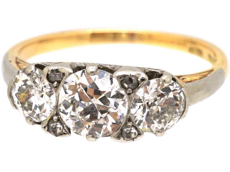 Early 20th Century 14ct Gold & Platinum, Three Stone Diamond Carved Half Hoop Ring