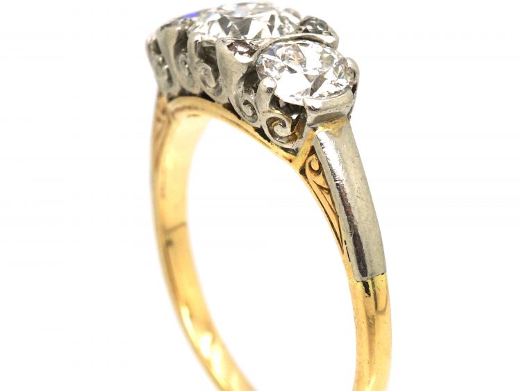 Early 20th Century 14ct Gold & Platinum, Three Stone Diamond Carved Half Hoop Ring