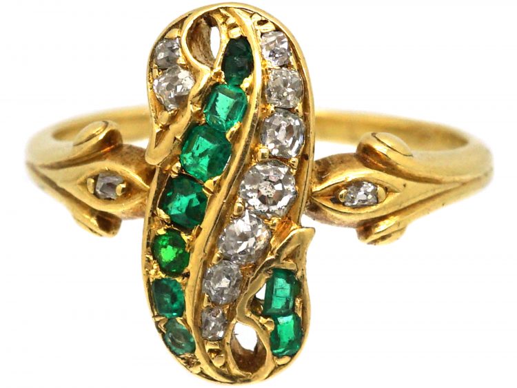 Victorian 18ct Gold Twist Ring set with Emeralds & Diamonds