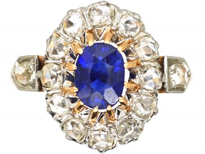 French Import Early 20th Century 18ct Gold, Rose Diamond & Sapphire Oval Cluster Ring