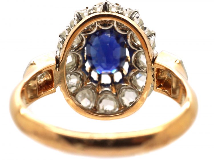 French Import Early 20th Century 18ct Gold, Rose Diamond & Sapphire Oval Cluster Ring