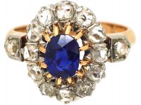 French Import Early 20th Century 18ct Gold, Rose Diamond & Sapphire Oval Cluster Ring