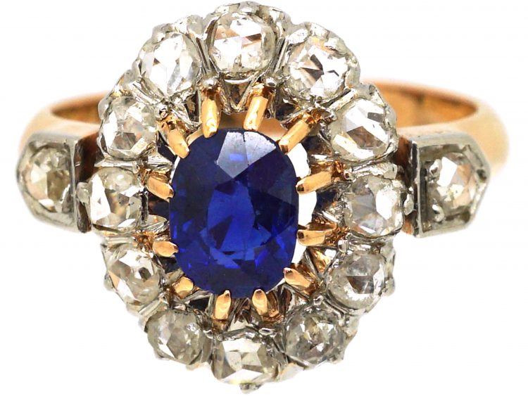 French Import Early 20th Century 18ct Gold, Rose Diamond & Sapphire Oval Cluster Ring