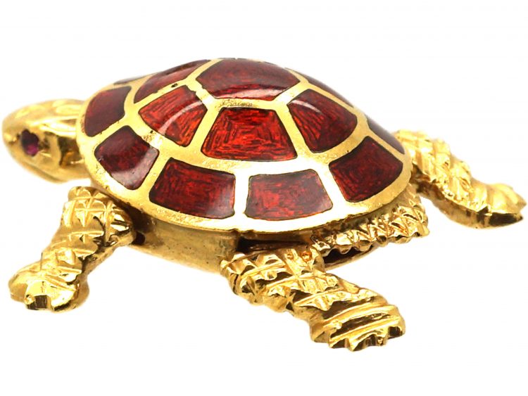 French 18ct Gold & Red Enamel Turtle Pendant with Ruby Eyes