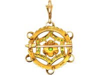 Edwardian 15ct Gold Pendant/ Brooch set with Green Garnets & Natural Split Pearls