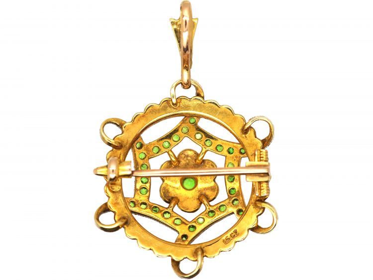 Edwardian 15ct Gold Pendant/ Brooch set with Green Garnets & Natural Split Pearls