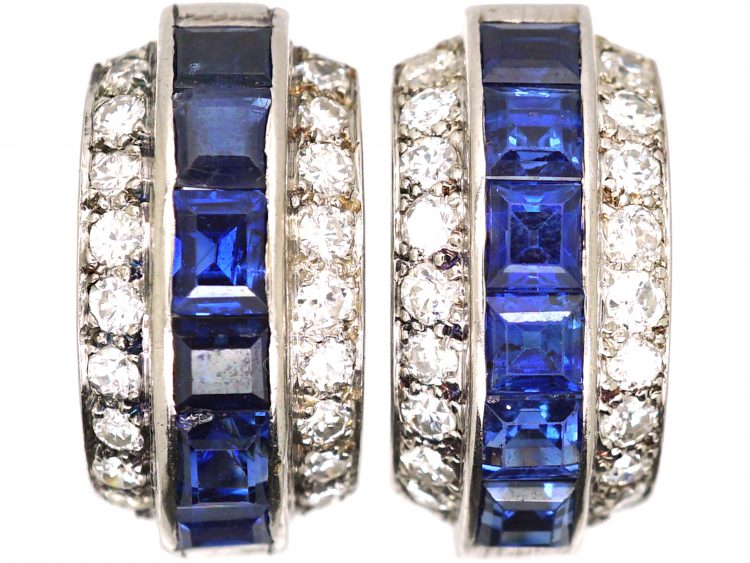 Art Deco 18ct White Gold, Sapphire & Diamond Half Hoop Earrings