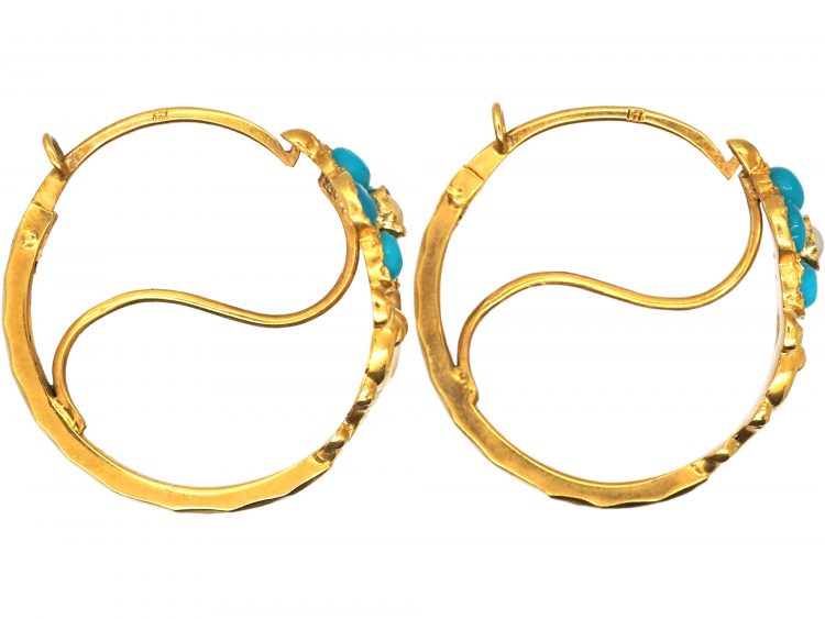 Early 19th Century 18ct Gold Poissarde Earrings set with Turquoise Paste & Natural Split Pearls