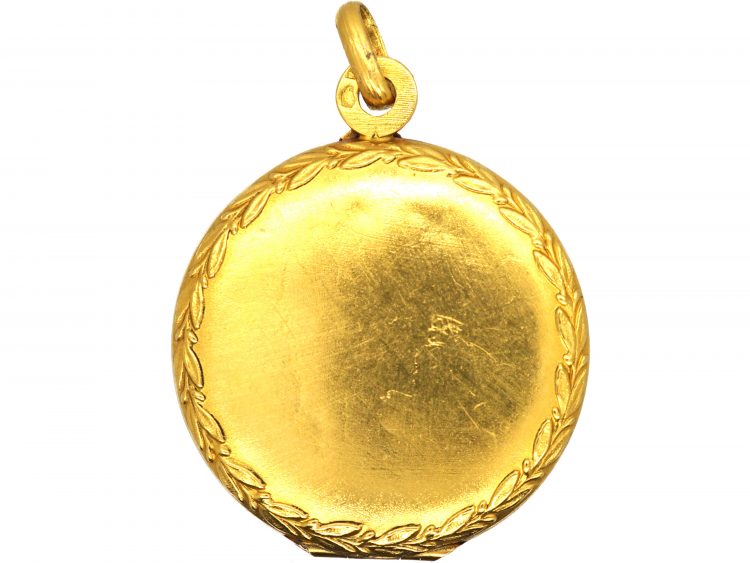 French Early 20th Century 18ct Two Colour Gold Round Locket with Mistletoe Detail set with Natural Split Pearls