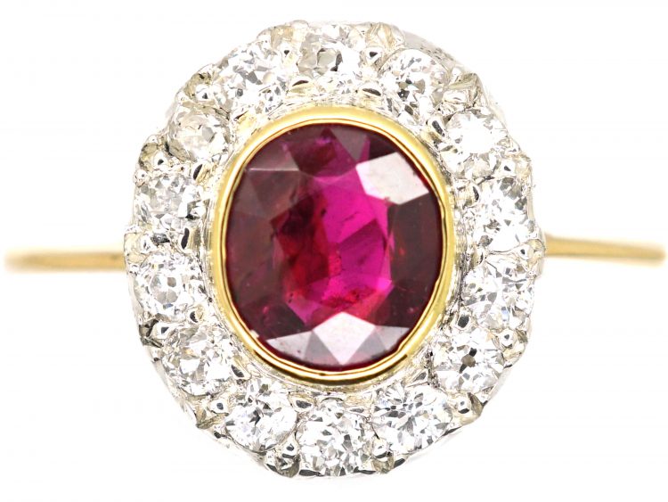 Edwardian 18ct Gold & Platinum, Ruby & Diamond Cluster Ring