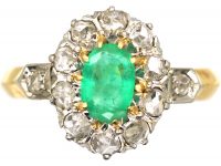 Early 20th Century 18ct Gold, Emerald & Rose Diamond Cluster Ring with Diamond Set Shoulders