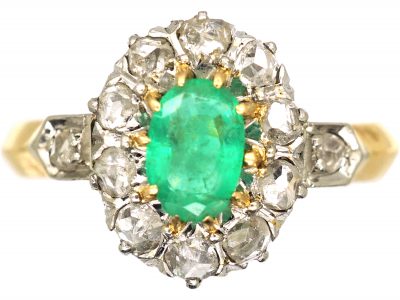 Early 20th Century 18ct Gold, Emerald & Rose Diamond Cluster Ring with Diamond Set Shoulders