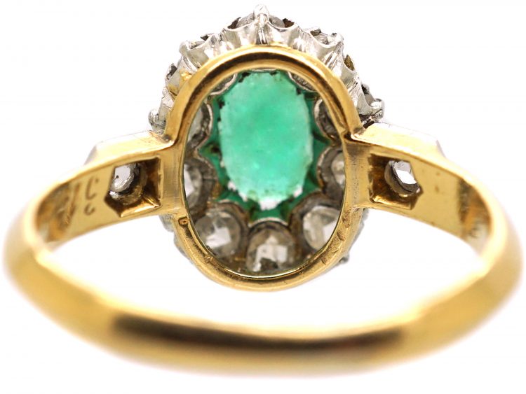 Early 20th Century 18ct Gold, Emerald & Rose Diamond Cluster Ring with Diamond Set Shoulders