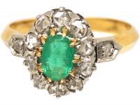 Early 20th Century 18ct Gold, Emerald & Rose Diamond Cluster Ring with Diamond Set Shoulders