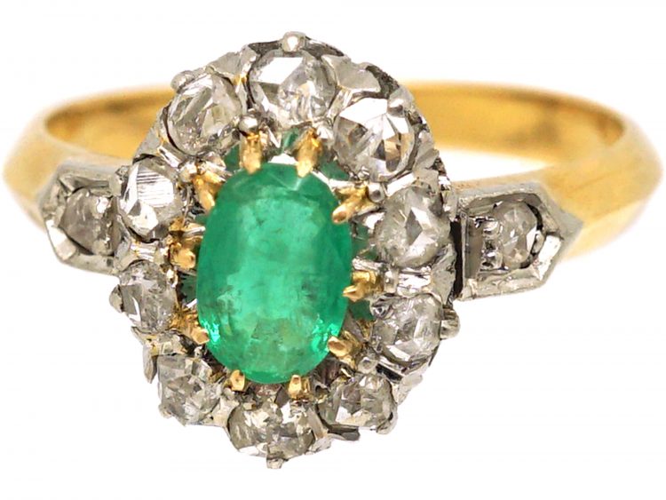 Early 20th Century 18ct Gold, Emerald & Rose Diamond Cluster Ring with Diamond Set Shoulders