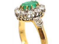 Early 20th Century 18ct Gold, Emerald & Rose Diamond Cluster Ring with Diamond Set Shoulders