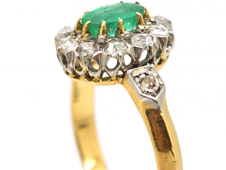 Early 20th Century 18ct Gold, Emerald & Rose Diamond Cluster Ring with Diamond Set Shoulders
