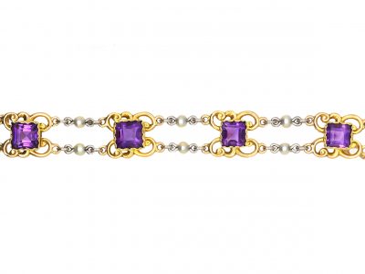 Edwardian 15ct Gold & Platinum, Amethyst & Natural Pearl Bracelet