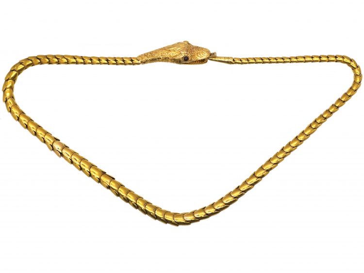 Victorian 18ct Gold Snake Necklace with Cabochon Garnet Eyes