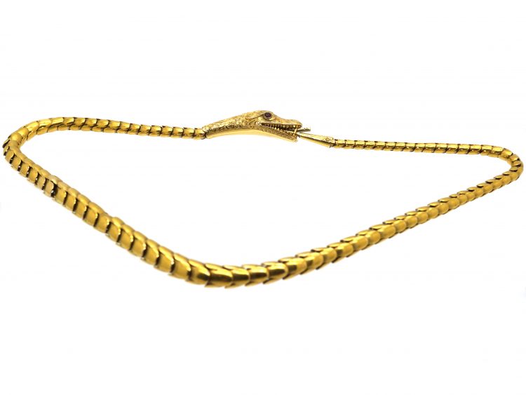 Victorian 18ct Gold Snake Necklace with Cabochon Garnet Eyes