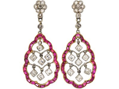 Early 20th Century 18ct Gold & Platinum, Ruby & Diamond Drop Earrings