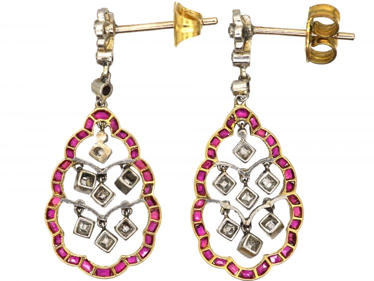 Early 20th Century 18ct Gold & Platinum, Ruby & Diamond Drop Earrings
