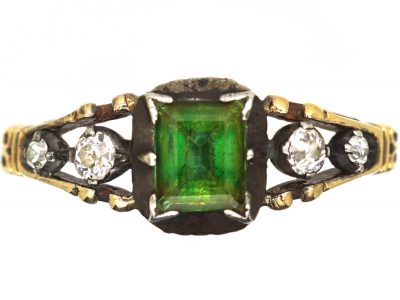 Georgian 15ct Gold & Silver, Emerald & Diamond Ring
