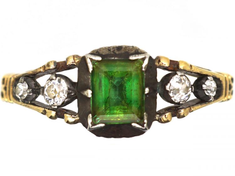 Georgian 15ct Gold & Silver, Emerald & Diamond Ring