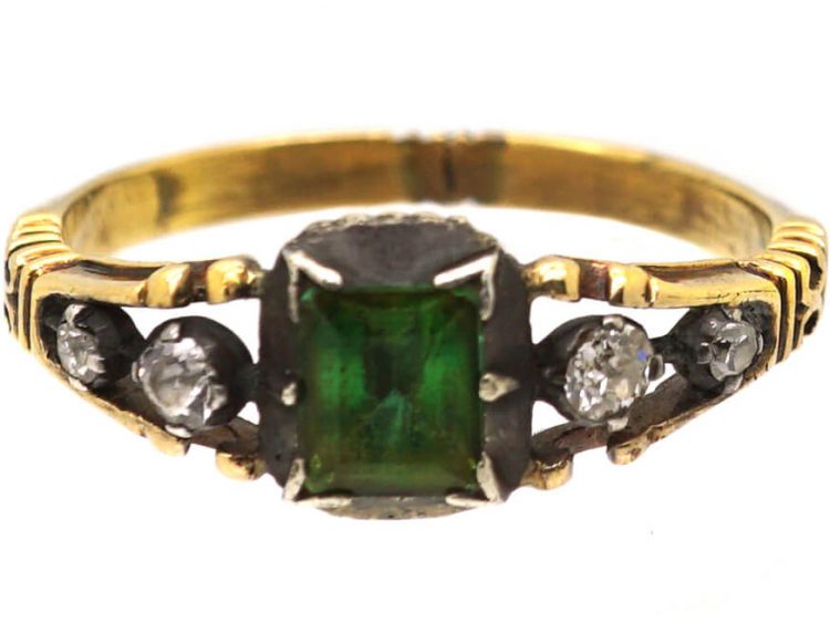 Georgian 15ct Gold & Silver, Emerald & Diamond Ring
