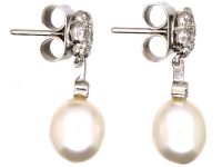 18ct White Gold, Diamond Cluster & Pearl Drop Earrings