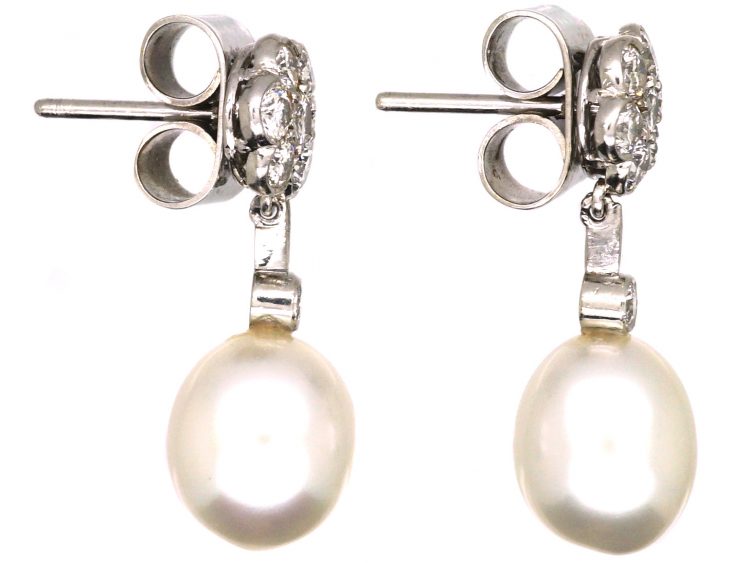 18ct White Gold, Diamond Cluster & Pearl Drop Earrings
