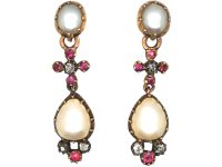 Georgian 9ct Gold, Natural Pearl, Diamond & Ruby Drop Earrings