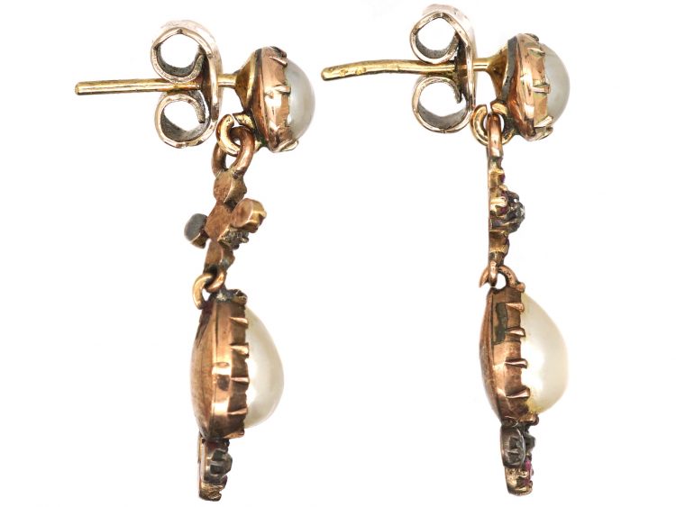 Georgian 9ct Gold, Natural Pearl, Diamond & Ruby Drop Earrings