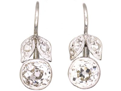 Edwardian 18ct White Gold Flower Bud & Leaf Earrings set with Diamonds