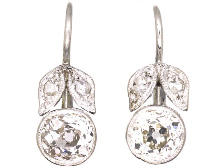 Edwardian 18ct White Gold Flower Bud & Leaf Earrings set with Diamonds
